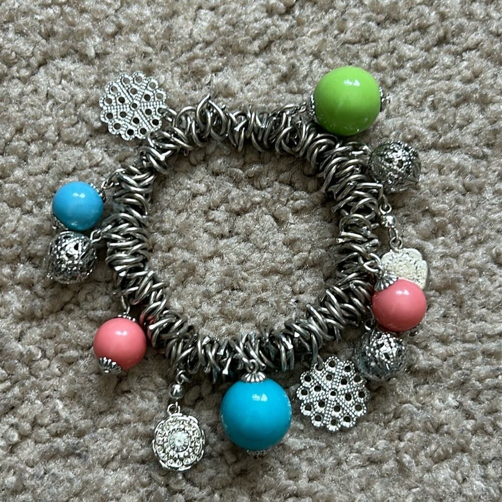 Women’s vintage silver/pink/green/blue‎ charm bracelet one size stretches